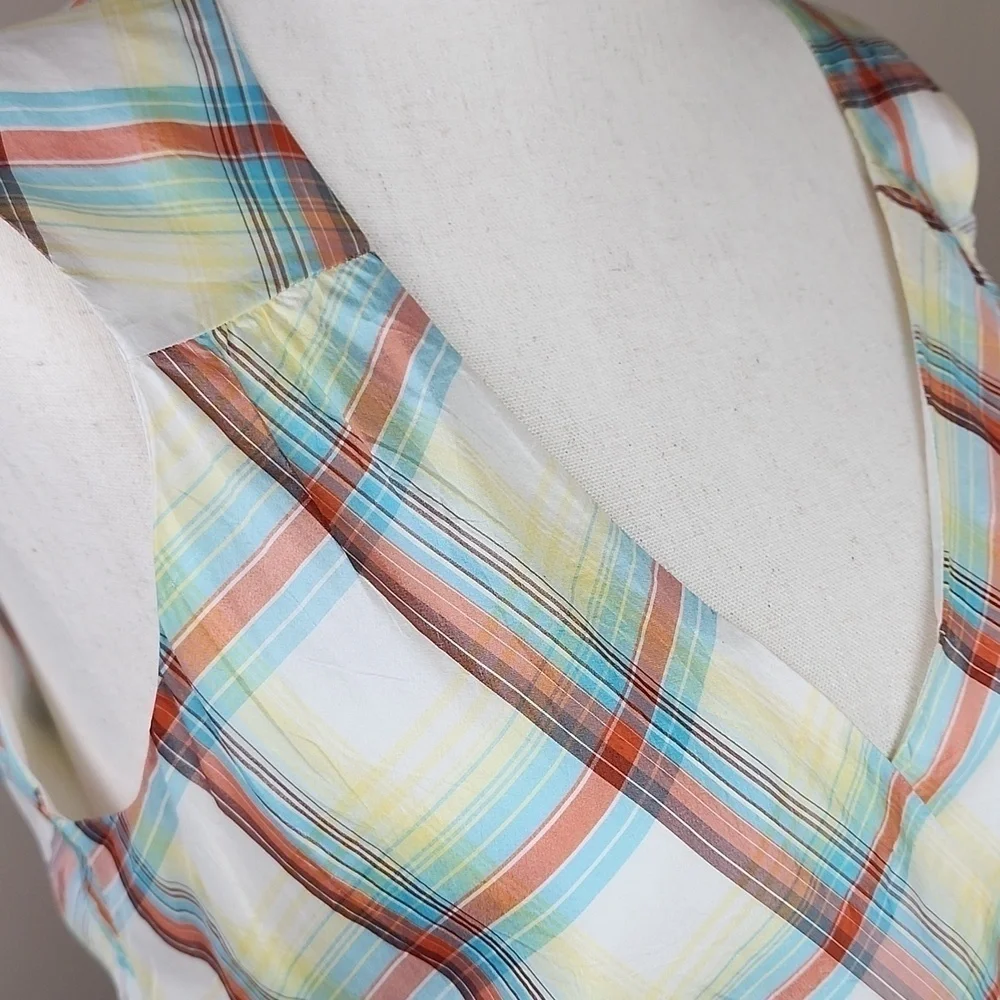 Y2K Vintage Plaid Empire Waist 100% Silk Sleeveless Blouse Medium - Picture 4 of 8